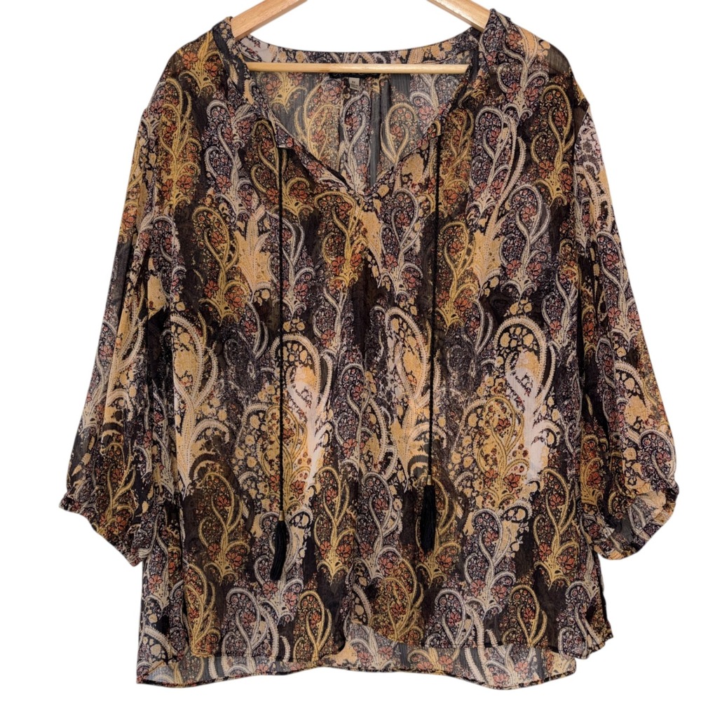 Rose & Olive Blouse Women Paisley Tassel Tie Boho Excellent Sheer 2X Black Gold